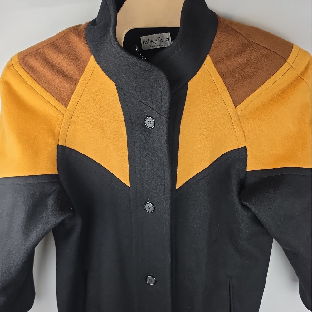 Vintage Ashley Scott Womens 100% Wool L/XL Yellow Brown Black Geo Maxi Long Coat